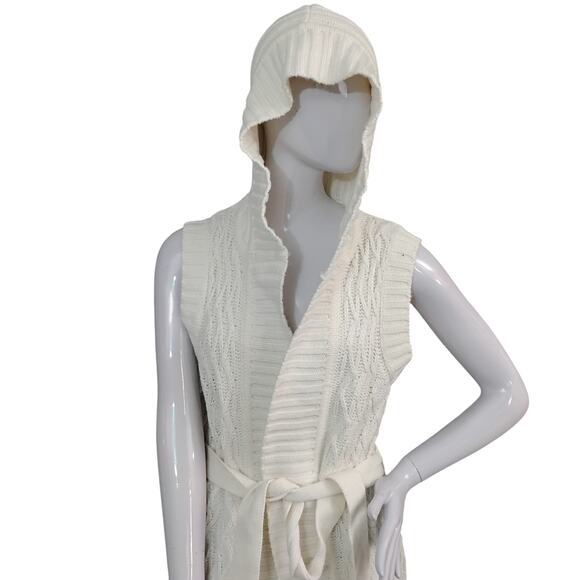 Sonoma Cable Knit Cardigan Size Medium Cream Hooded Sleeveless Tie At Waist - Picture 5 of 10